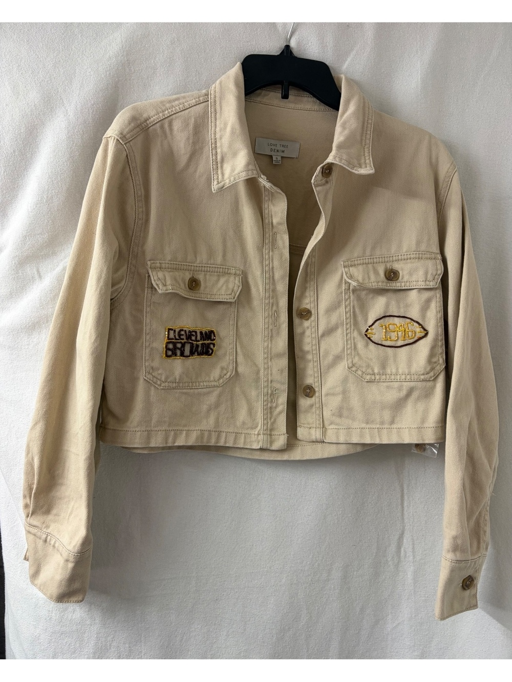 Love Tree Denim Cleveland Browns Cropped Jacket Women’s S Cream NWOT